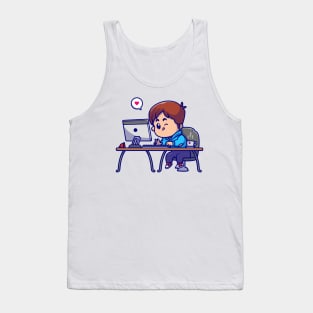 Cute Boy Working On Computer Cartoon Tank Top